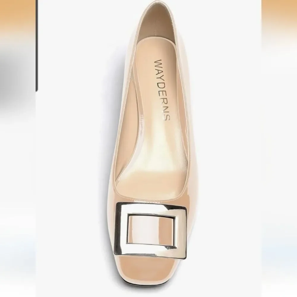 NWOT Patent Nude Gold Buckle Chunky Heels